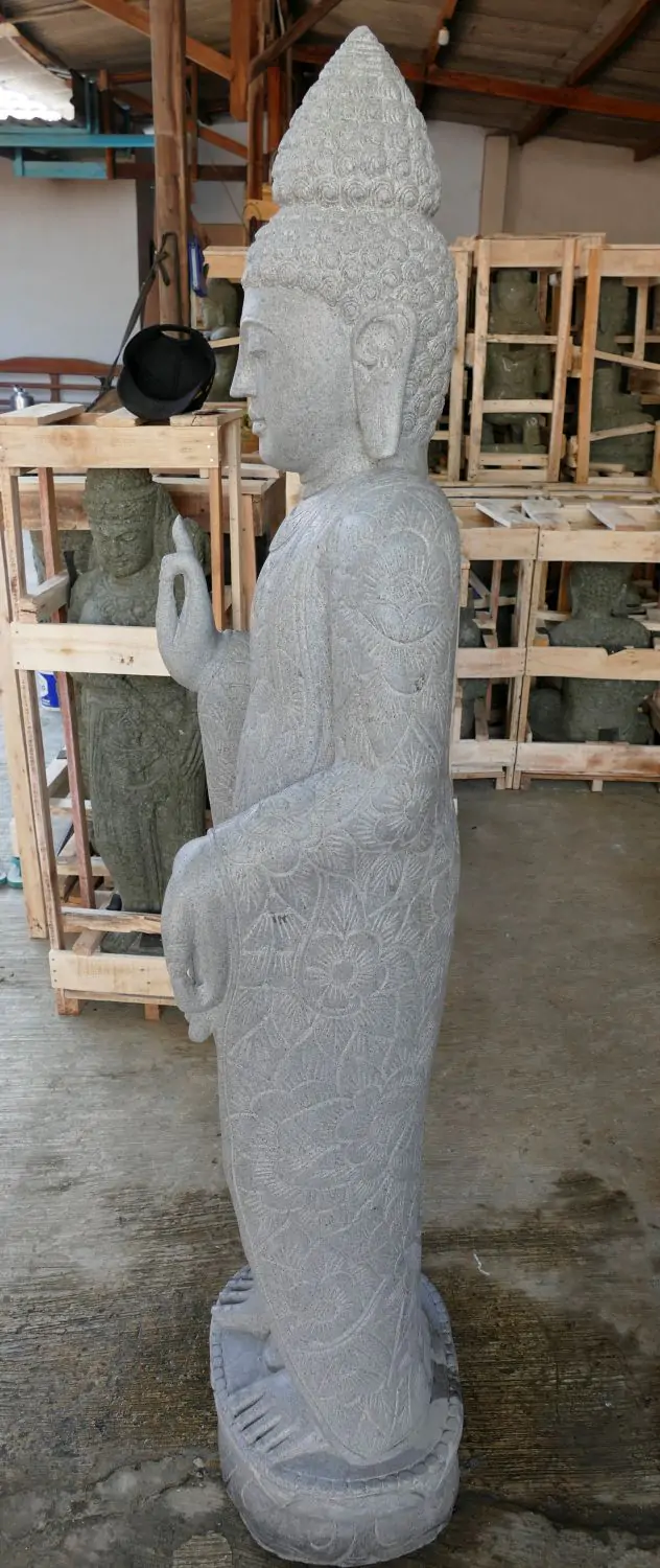  Product image 3 of the product “Standing Buddha with floral carving, Abudaya position. 54 x 36 x 176cm. Natural stone (river stone), stonemasonry ”
